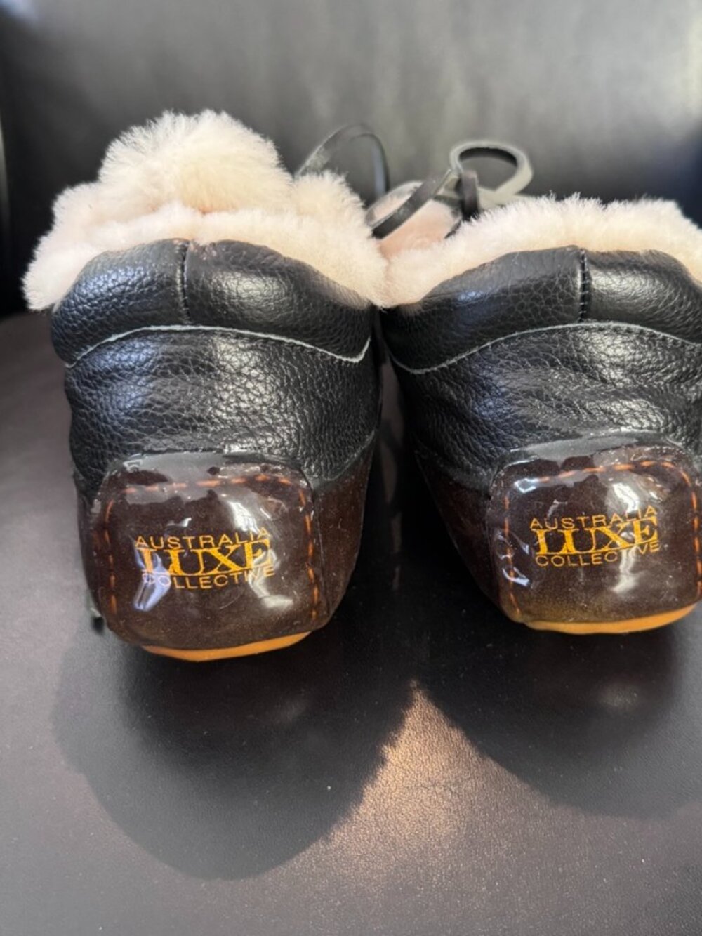Australia Luxe Collective Kids' Black Leather Shearling Moccasin Slippers, New - Picture 2 of 7